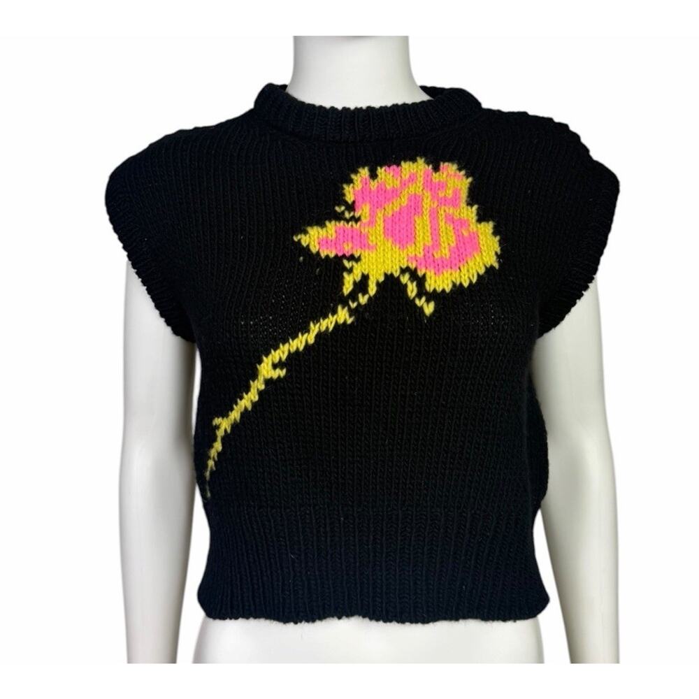 Meryll Rogge Women's M Black Wool Flower Knit Sleeveless Vest Sweater EUC